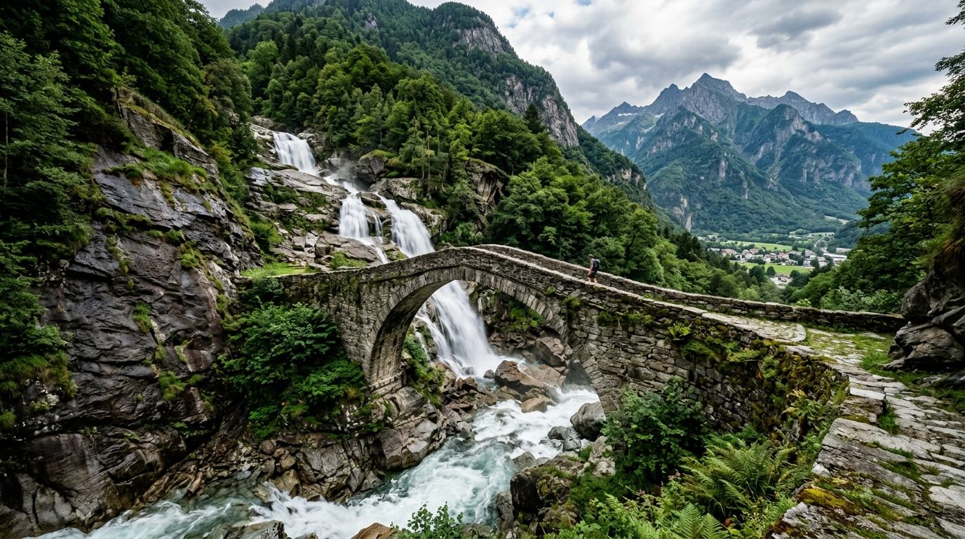 Ponte romanico in pietra e cascata di Santa Petronilla a Biasca nelle Tre Valli, Canton Ticino